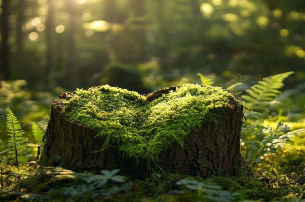 Waldfriedhof Bestattungskulisse mit Nahaufnahme von Holzherz auf Moos. Natürliche Begräbnisstätte im Wald für Baumbestattung